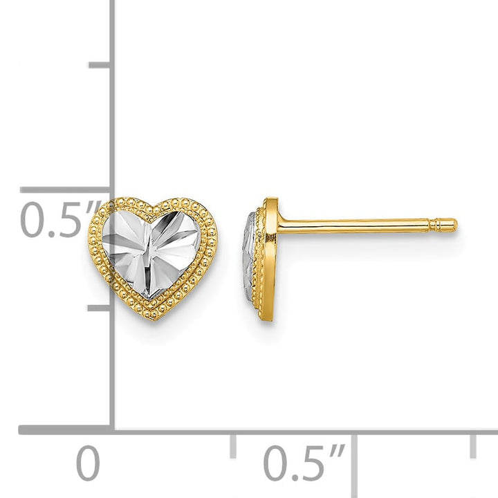 10k Yellow Gold and White Rhodium Diamond-cut 6mm Heart Post Earrings