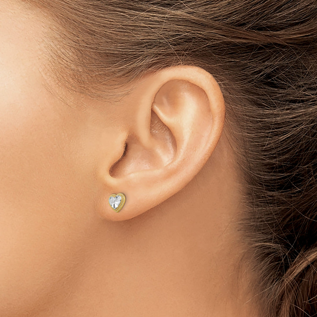10k Yellow Gold and White Rhodium Diamond-cut 6mm Heart Post Earrings