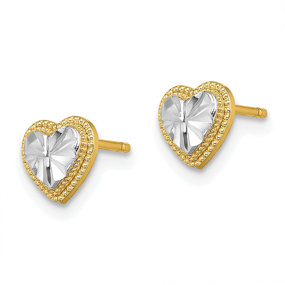 10k Yellow Gold and White Rhodium Diamond-cut 6mm Heart Post Earrings