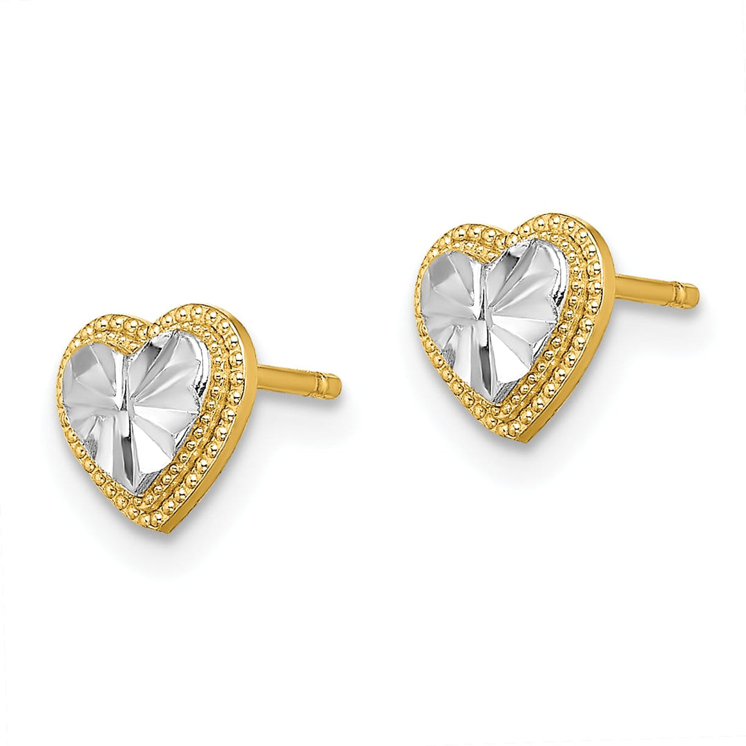 10k Yellow Gold and White Rhodium Diamond-cut 6mm Heart Post Earrings