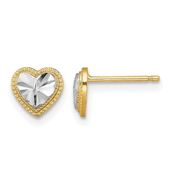 10k Yellow Gold and White Rhodium Diamond-cut 6mm Heart Post Earrings