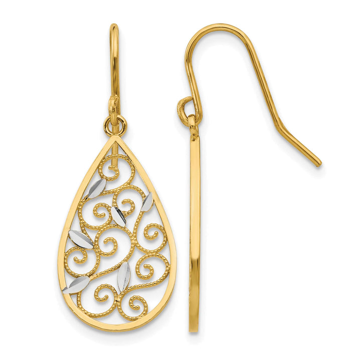 10k Yellow Gold and White Rhodium Diamond-cut Filigree Teardrop Shepherd Hook Earrings
