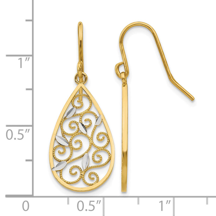 10k Yellow Gold and White Rhodium Diamond-cut Filigree Teardrop Shepherd Hook Earrings