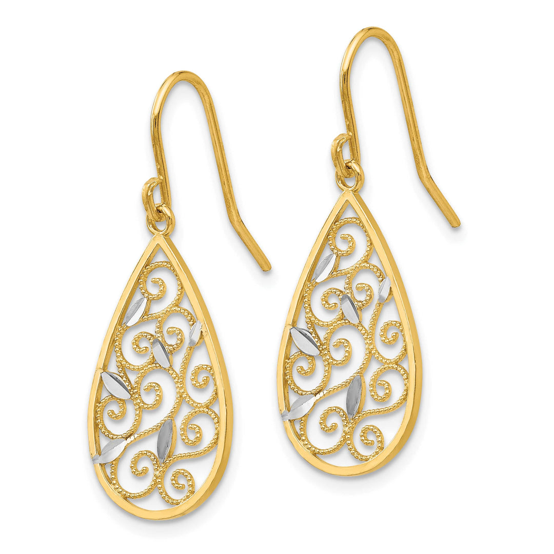 10k Yellow Gold and White Rhodium Diamond-cut Filigree Teardrop Shepherd Hook Earrings