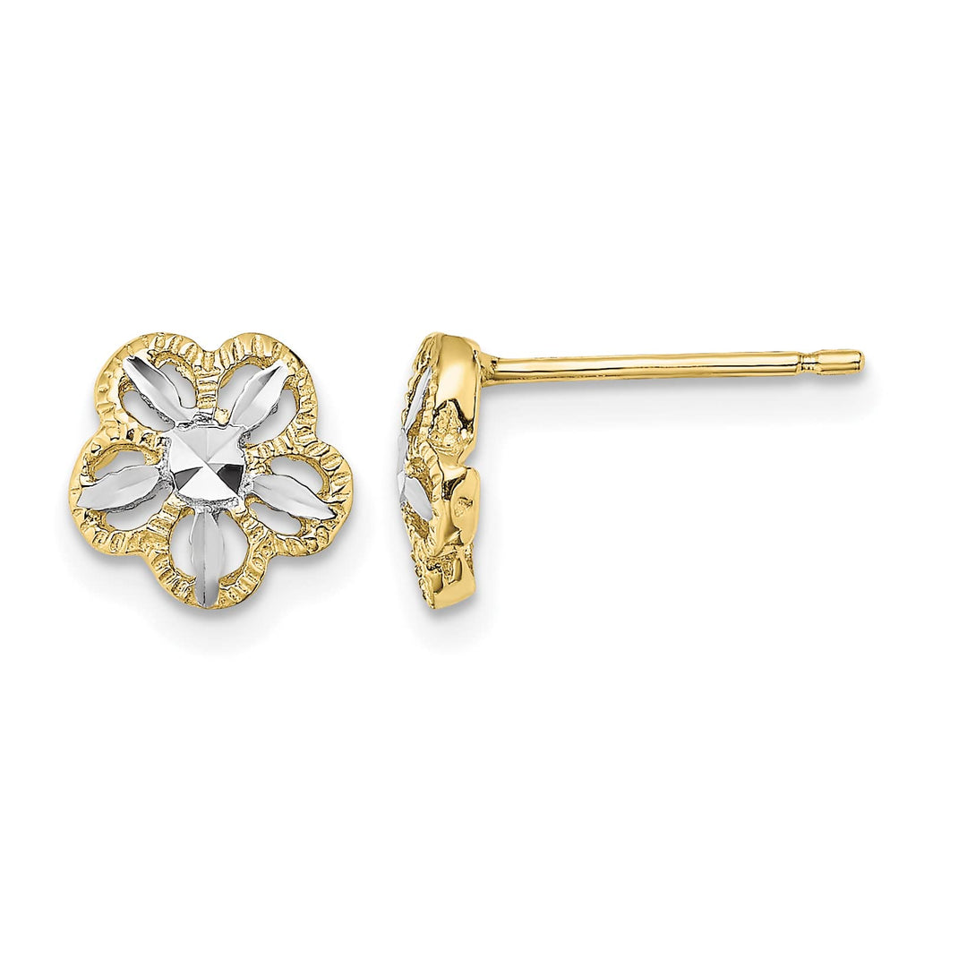 10k Yellow Gold and White Rhodium Diamond-cut Flower Post Earrings