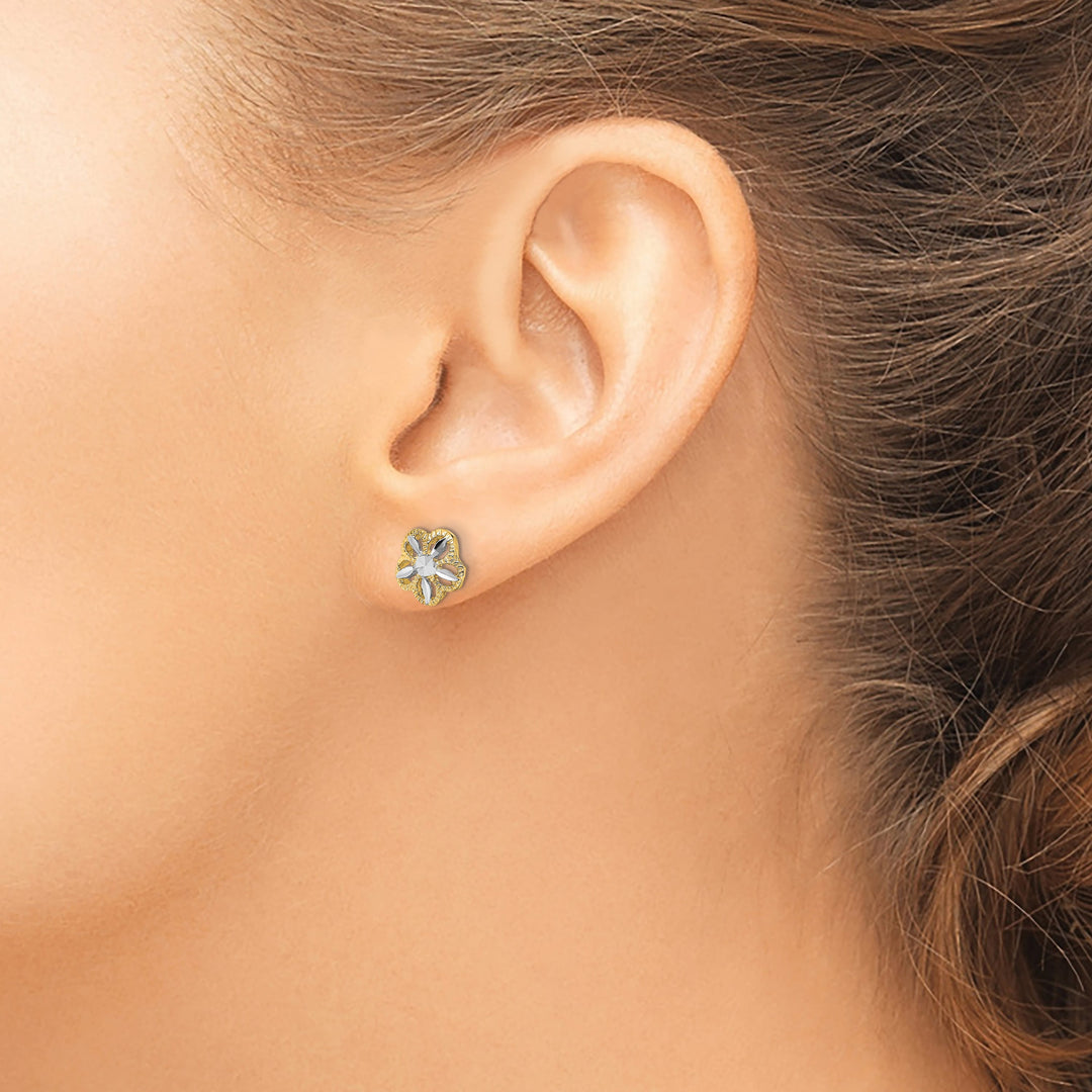 10k Yellow Gold and White Rhodium Diamond-cut Flower Post Earrings