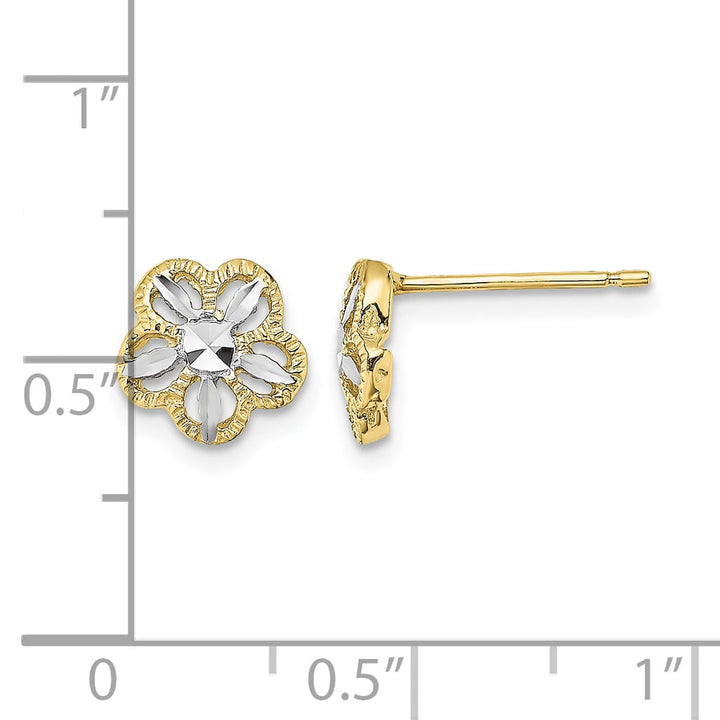 10k Yellow Gold and White Rhodium Diamond-cut Flower Post Earrings
