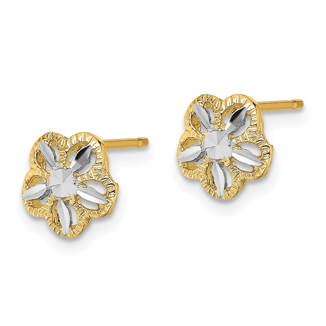 10k Yellow Gold and White Rhodium Diamond-cut Flower Post Earrings