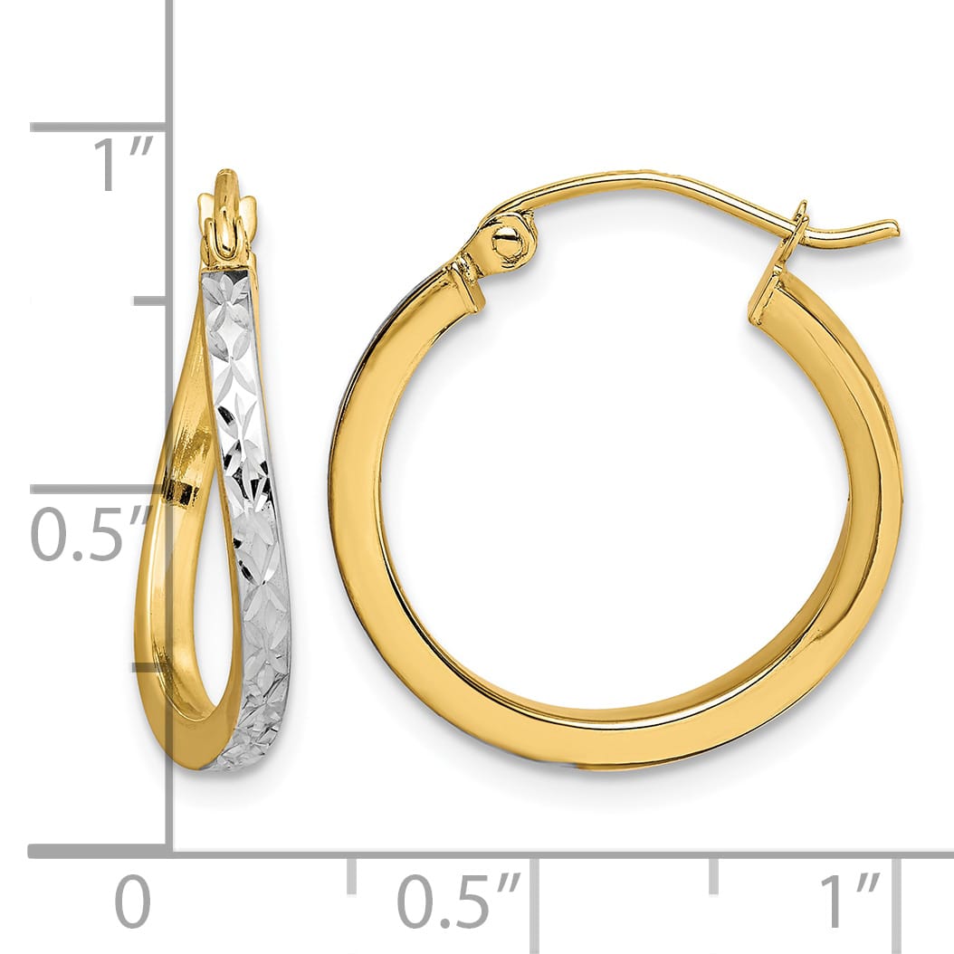 10k Yellow Gold and White Rhodium Diamond-cut Textured Wavy Hoop Earrings