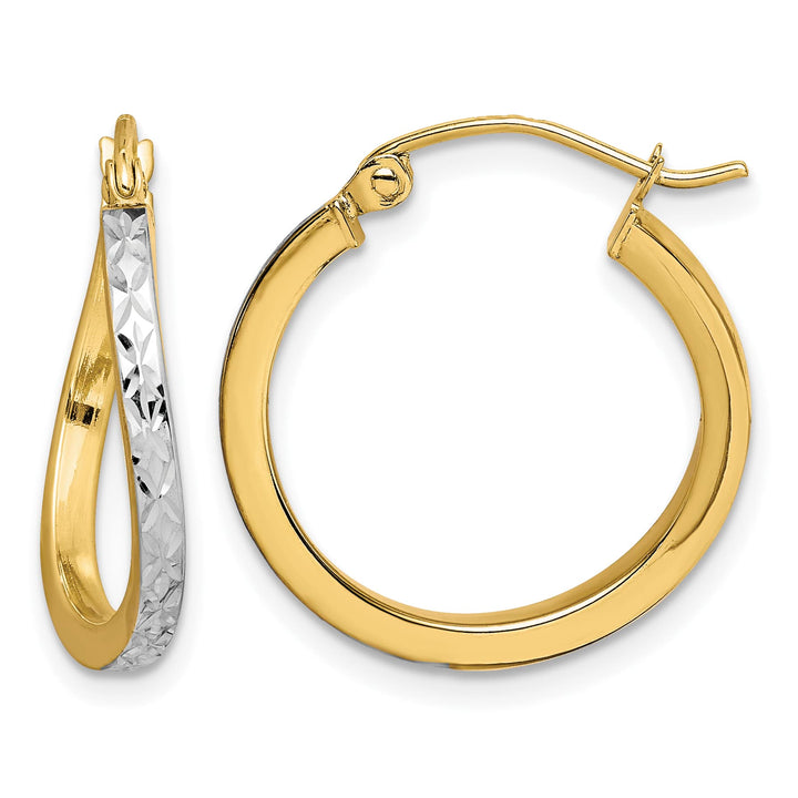 10k Yellow Gold and White Rhodium Diamond-cut Textured Wavy Hoop Earrings