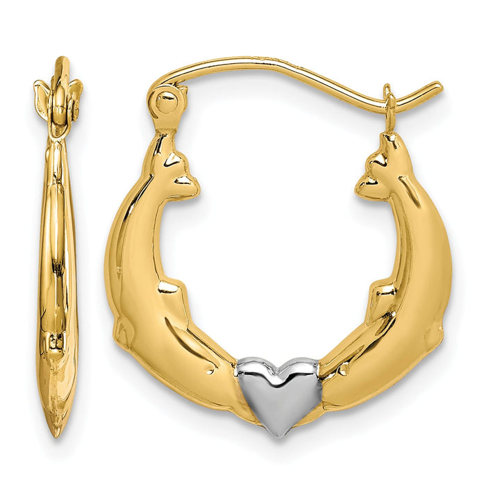 10k Yellow Gold and White Rhodium Dolphin Heart Hollow Hoop Earrings