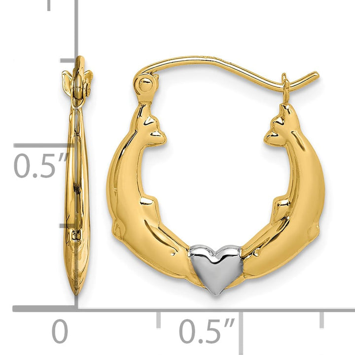 10k Yellow Gold and White Rhodium Dolphin Heart Hollow Hoop Earrings