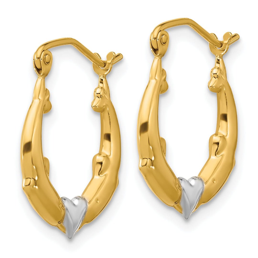 10k Yellow Gold and White Rhodium Dolphin Heart Hollow Hoop Earrings