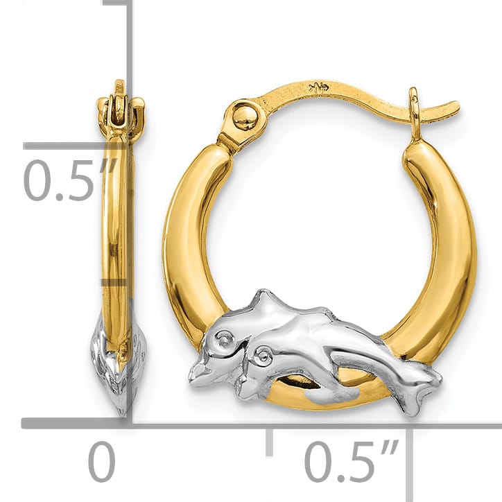 10k Yellow Gold and White Rhodium Dolphin Hoop Earrings
