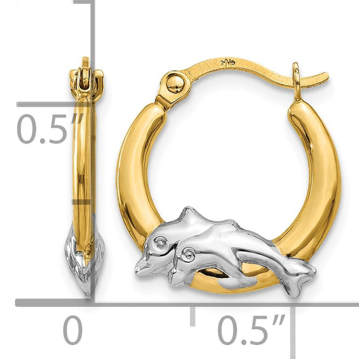 10k Yellow Gold and White Rhodium Dolphin Hoop Earrings