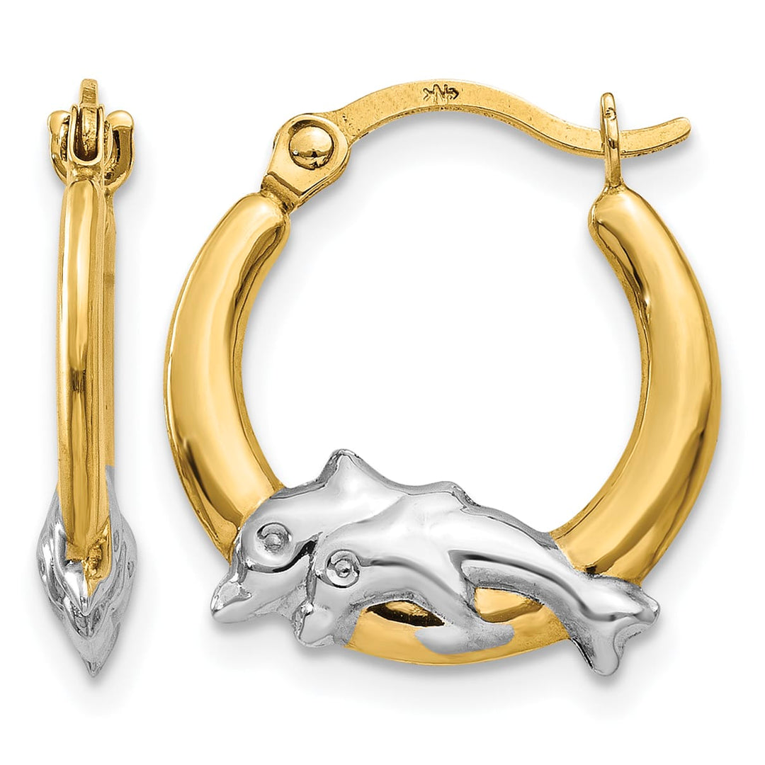 10k Yellow Gold and White Rhodium Dolphin Hoop Earrings