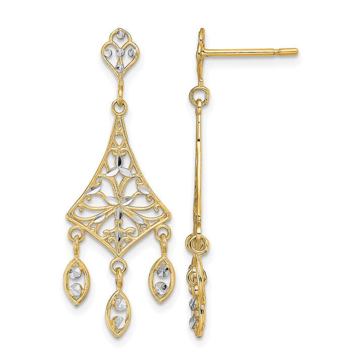10k Yellow Gold and White Rhodium Filigree Chandelier Dangle Post Earrings