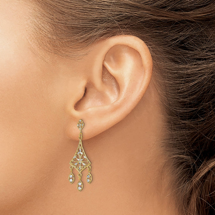 10k Yellow Gold and White Rhodium Filigree Chandelier Dangle Post Earrings