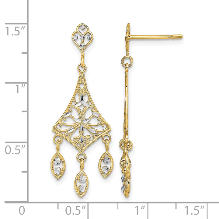 10k Yellow Gold and White Rhodium Filigree Chandelier Dangle Post Earrings