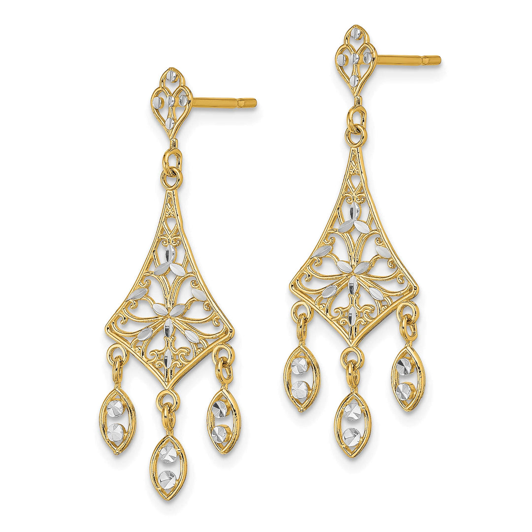 10k Yellow Gold and White Rhodium Filigree Chandelier Dangle Post Earrings