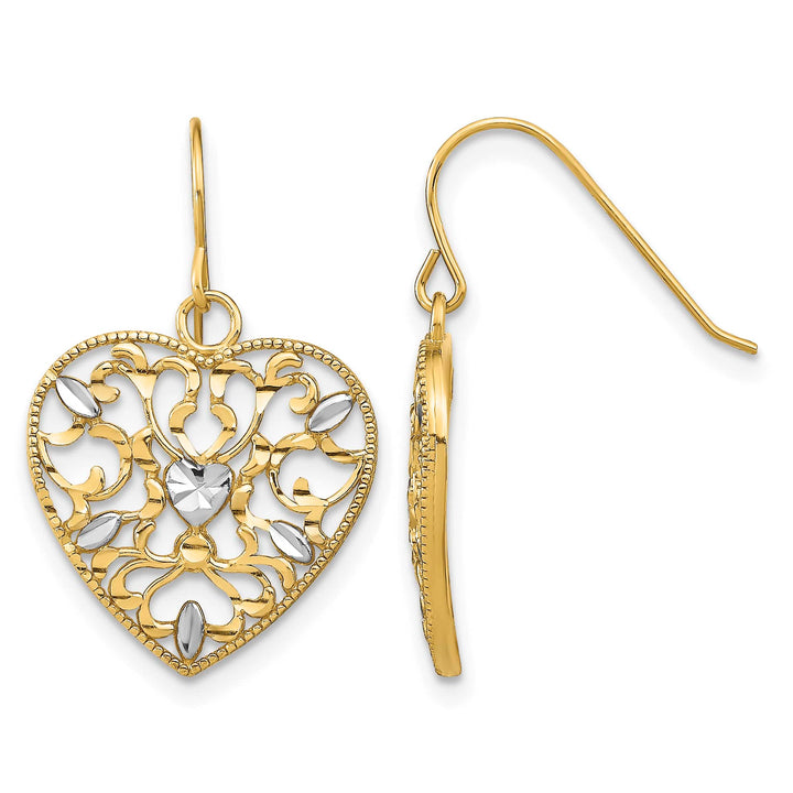 10k Yellow Gold and White Rhodium Filigree Heart Dangle Shepherd Hook Earrings