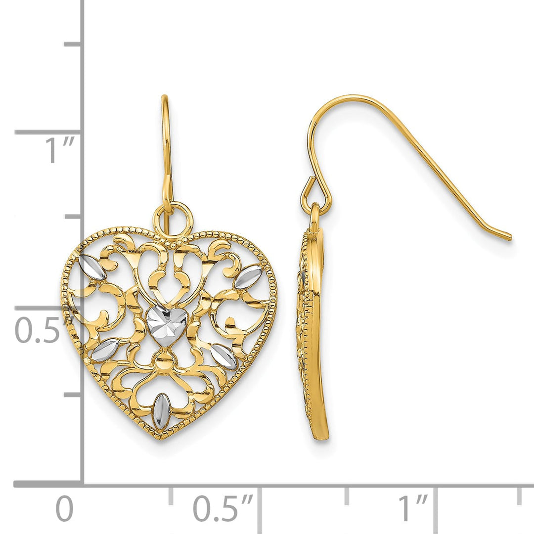 10k Yellow Gold and White Rhodium Filigree Heart Dangle Shepherd Hook Earrings