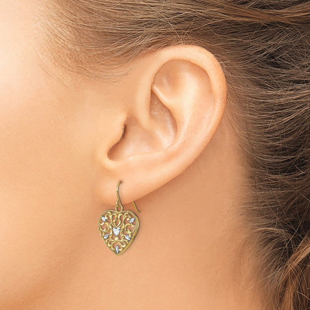 10k Yellow Gold and White Rhodium Filigree Heart Dangle Shepherd Hook Earrings