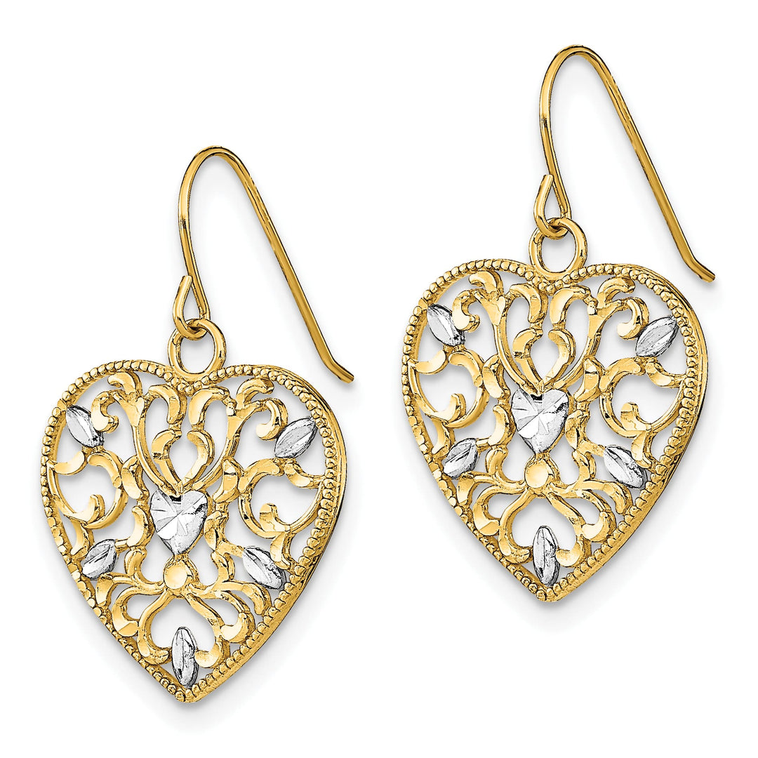 10k Yellow Gold and White Rhodium Filigree Heart Dangle Shepherd Hook Earrings