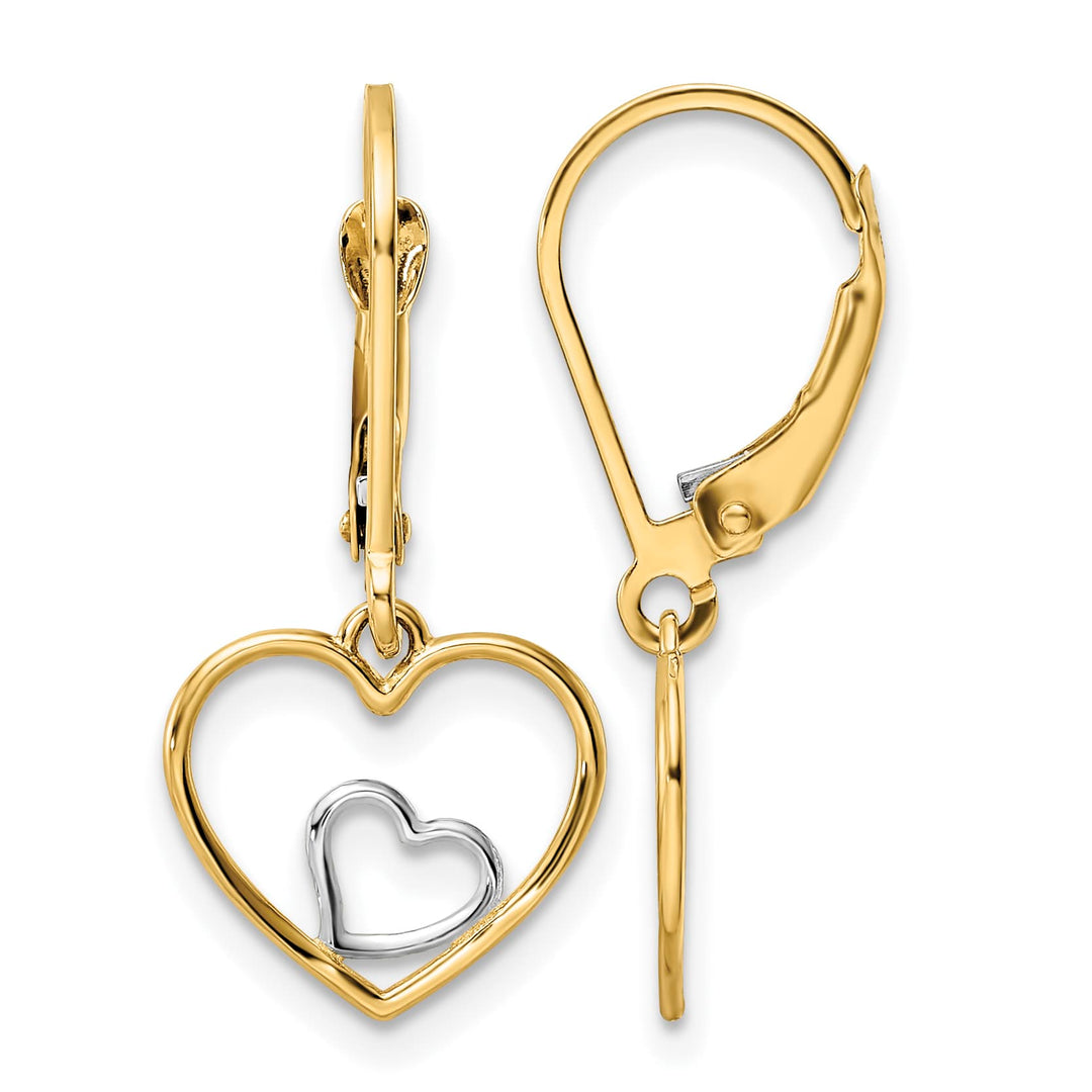 10k Yellow Gold and White Rhodium Heart in Heart Leverback Dangle Earrings