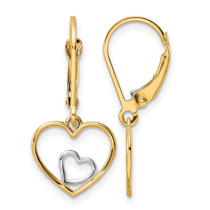 10k Yellow Gold and White Rhodium Heart in Heart Leverback Dangle Earrings