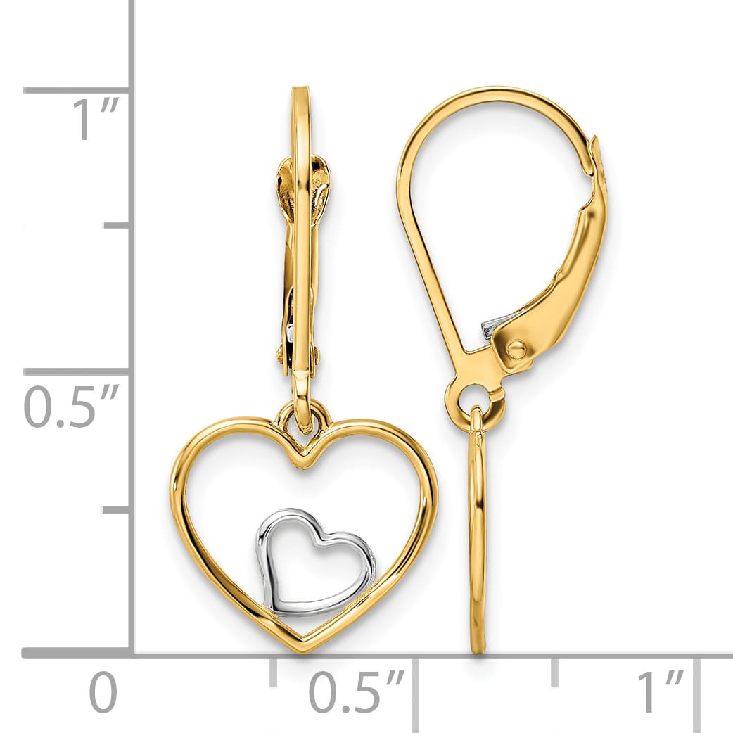 10k Yellow Gold and White Rhodium Heart in Heart Leverback Dangle Earrings