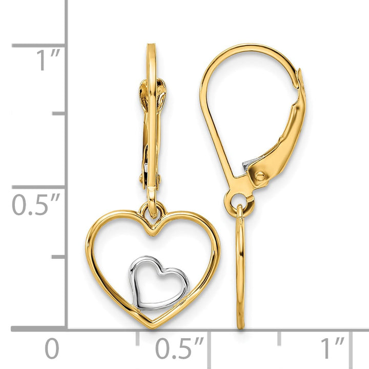 10k Yellow Gold and White Rhodium Heart in Heart Leverback Dangle Earrings