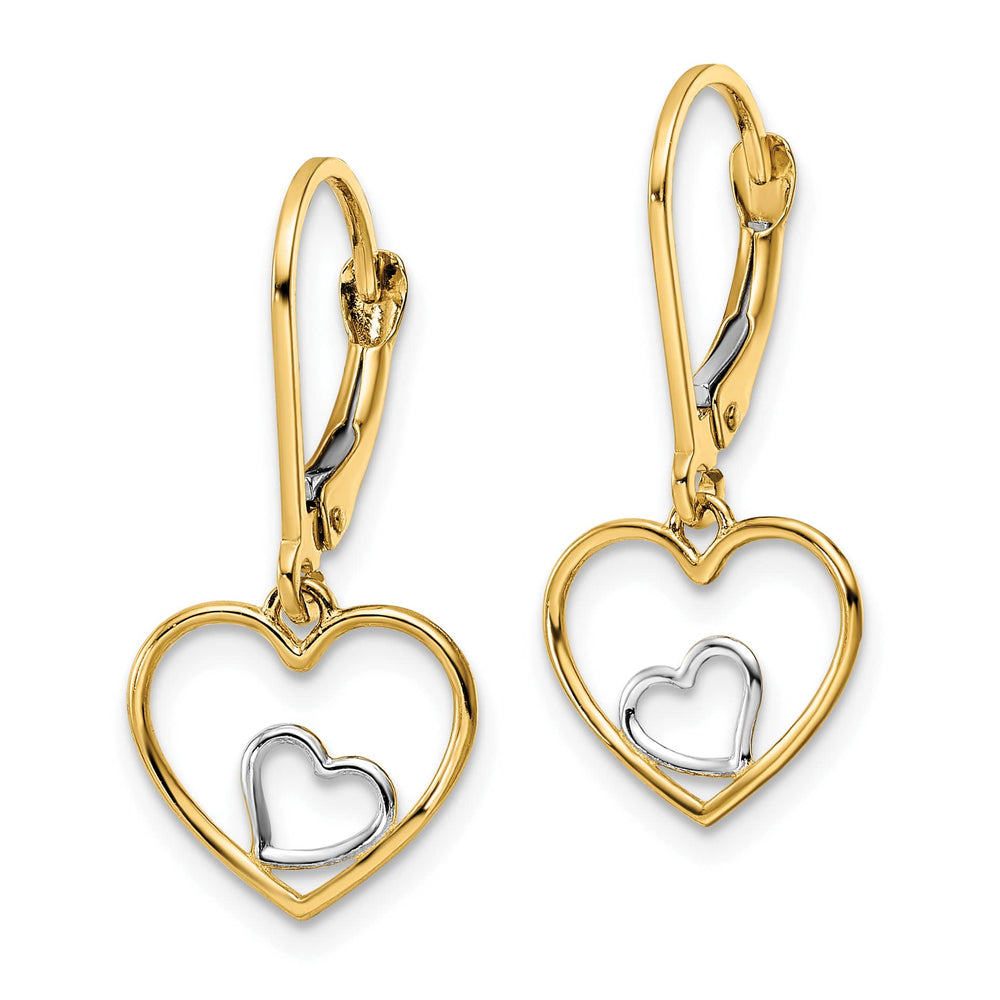 10k Yellow Gold and White Rhodium Heart in Heart Leverback Dangle Earrings