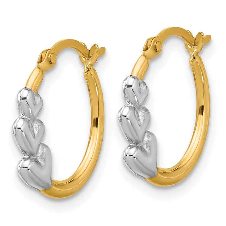 10k Yellow Gold and White Rhodium Hearts Hollow Hoop Earrings
