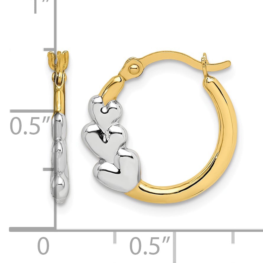 10k Yellow Gold and White Rhodium Hearts Hollow Hoop Earrings