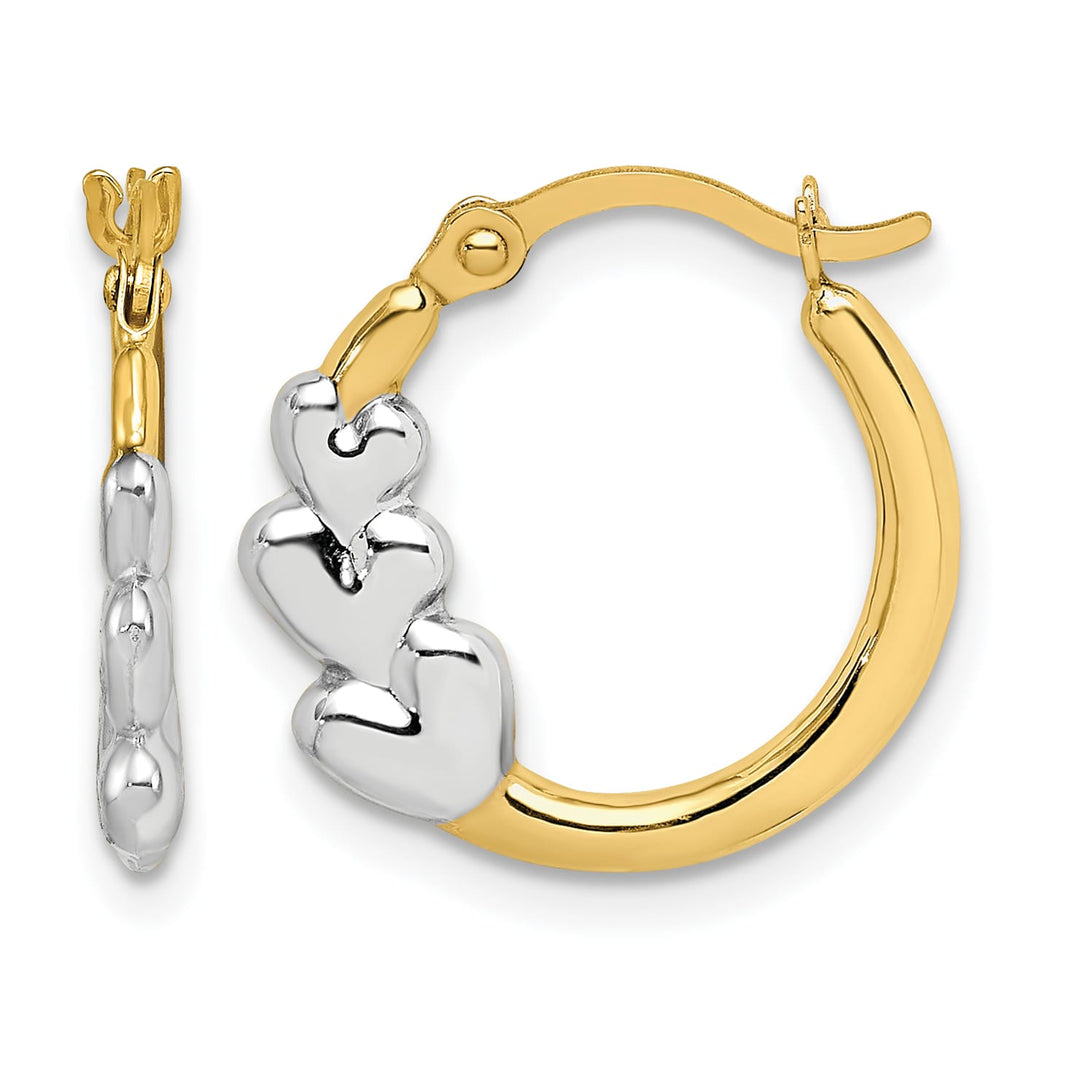 10k Yellow Gold and White Rhodium Hearts Hollow Hoop Earrings