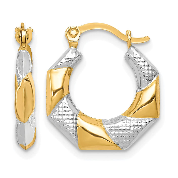 10k Yellow Gold and White Rhodium Scalloped Hollow Hoop Earrings