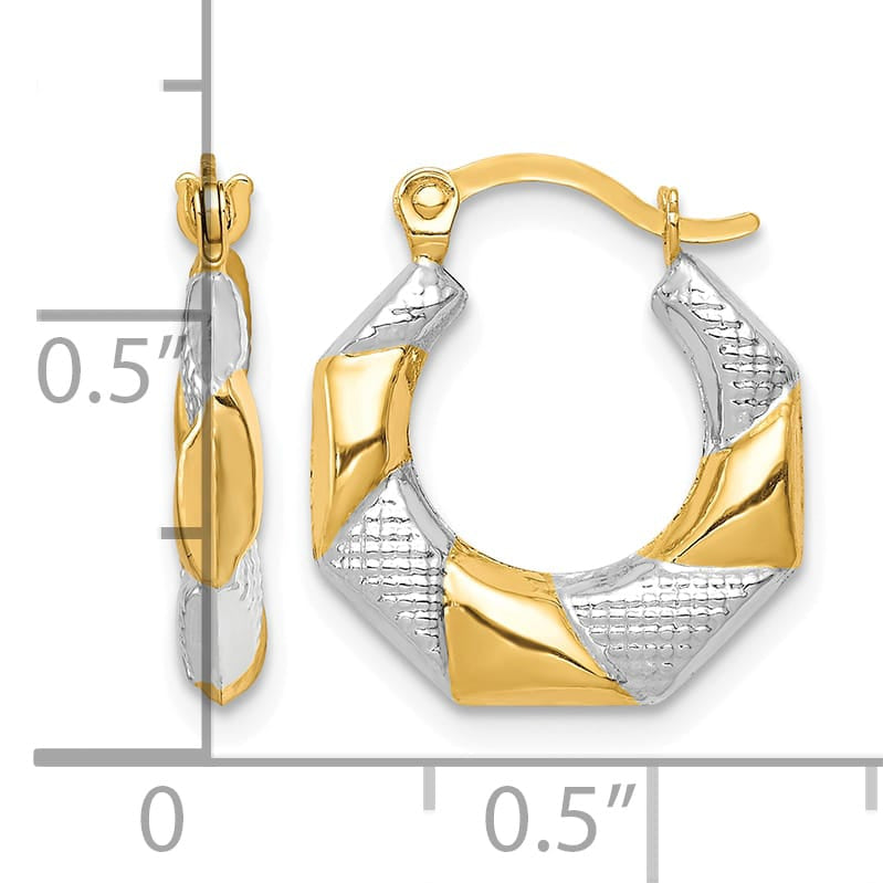 10k Yellow Gold and White Rhodium Scalloped Hollow Hoop Earrings