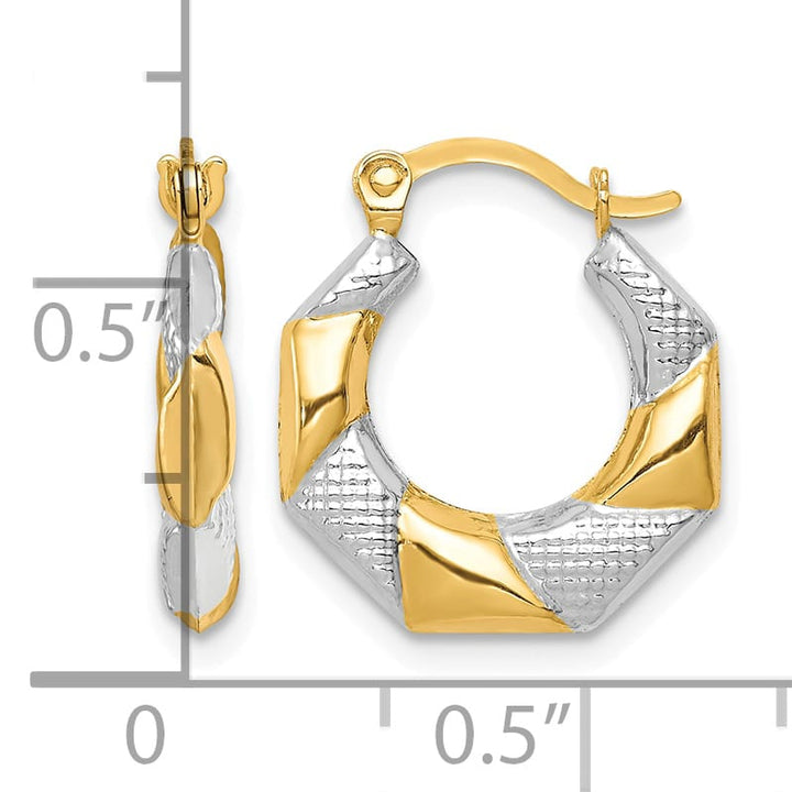 10k Yellow Gold and White Rhodium Scalloped Hollow Hoop Earrings