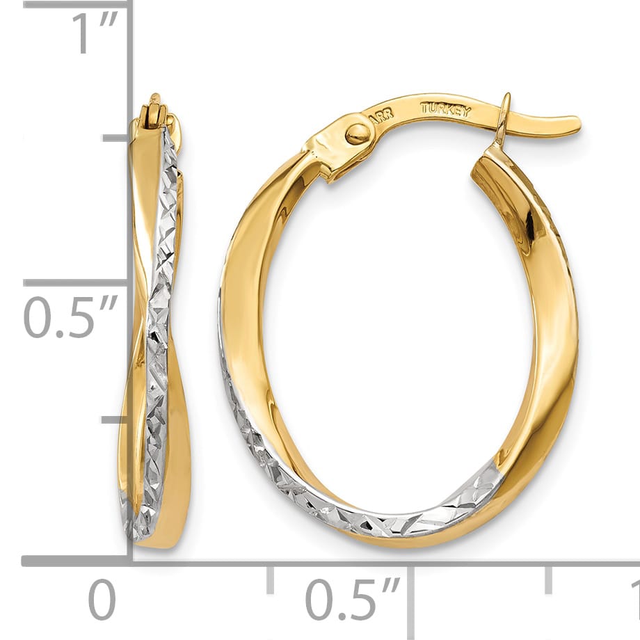 10k Yellow Gold and White Rhodium Textured and Polished Oval Hoop Earrings