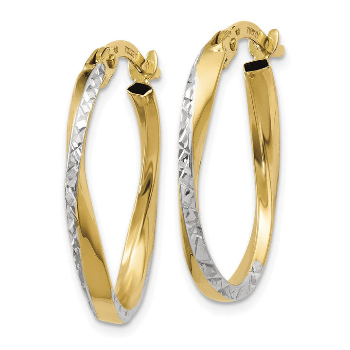 10k Yellow Gold and White Rhodium Textured and Polished Oval Hoop Earrings