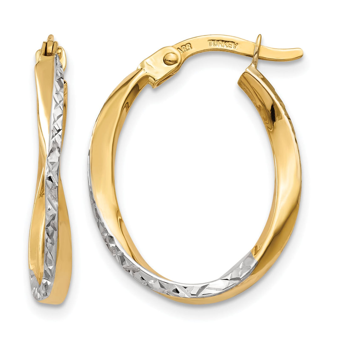 10k Yellow Gold and White Rhodium Textured and Polished Oval Hoop Earrings