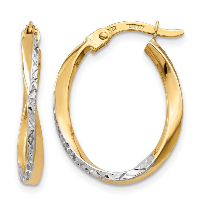10k Yellow Gold and White Rhodium Textured and Polished Oval Hoop Earrings