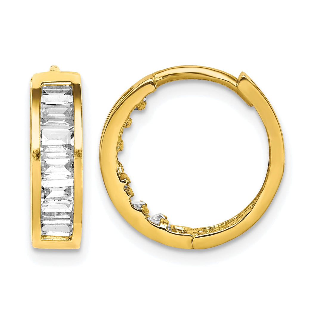 10k Yellow Gold Baguette CZ Round Hinged Hoop Earrings