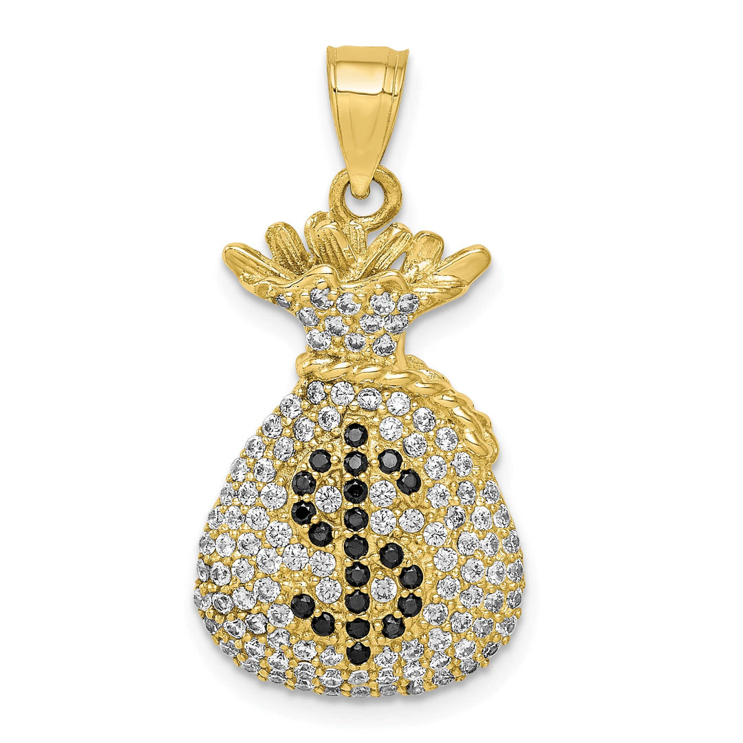 10K Yellow Gold Black and Clear CZ Micro Pave Money Bag with Pendant