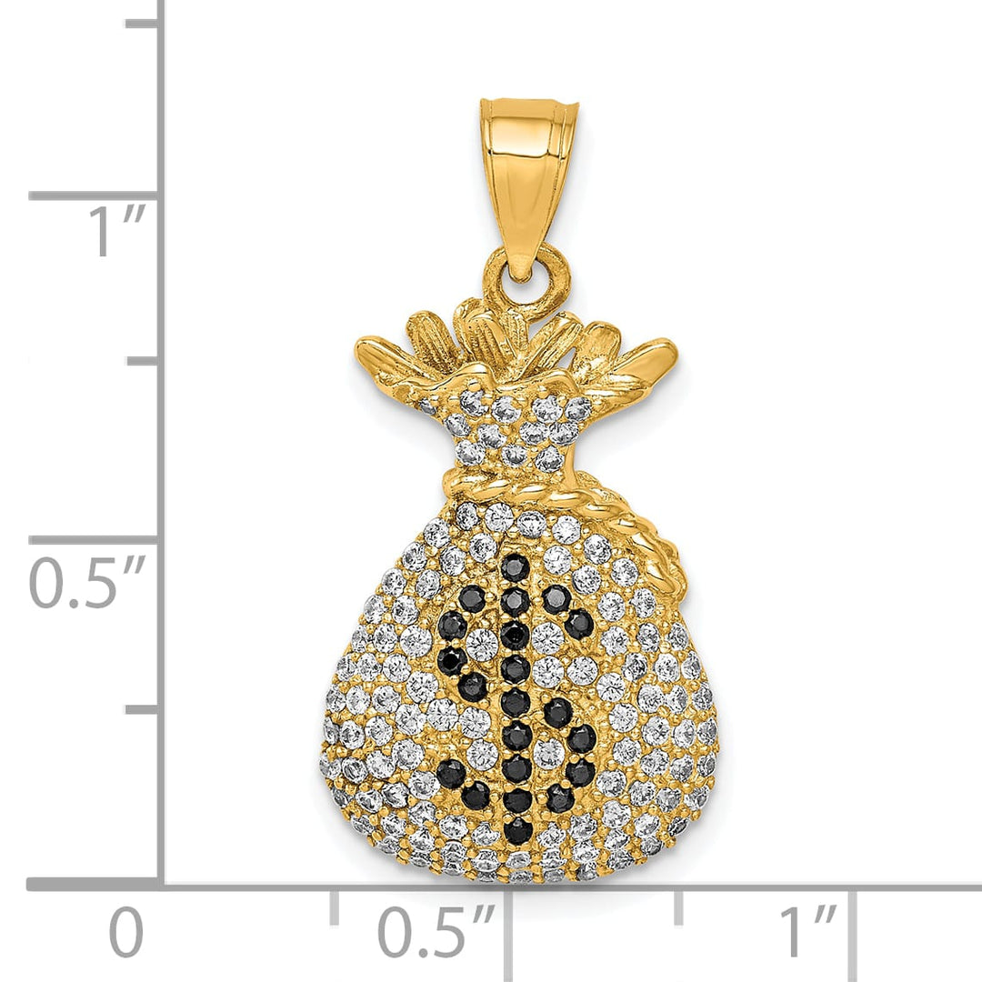 10K Yellow Gold Black and Clear CZ Micro Pave Money Bag with Pendant