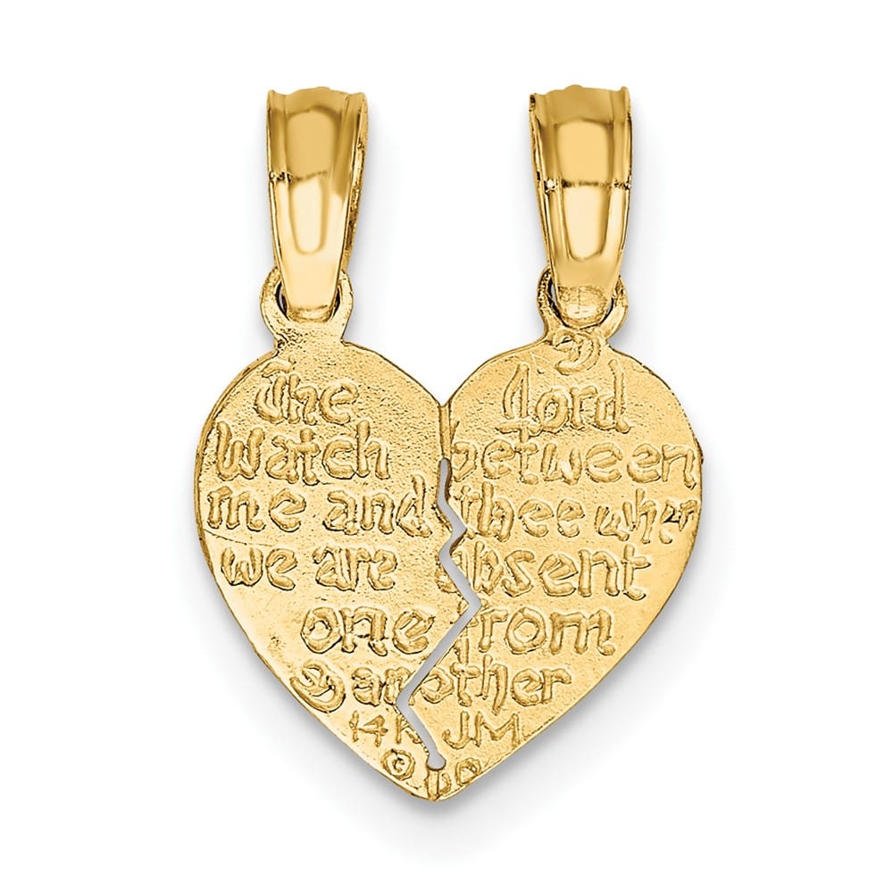 10K Yellow Gold Break-Apart Mizpah Heart with Verse on Back Pendant