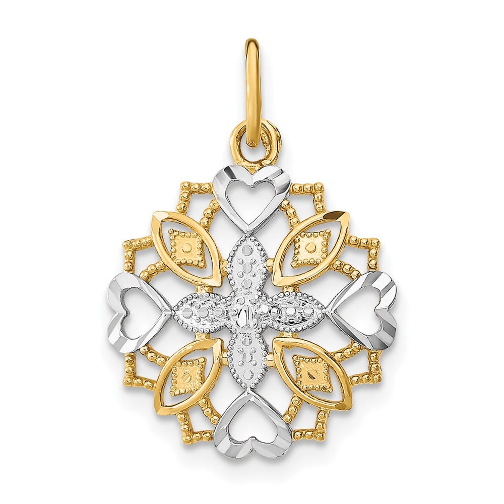 10K Yellow Gold Center Flower Cross and Heart Charm