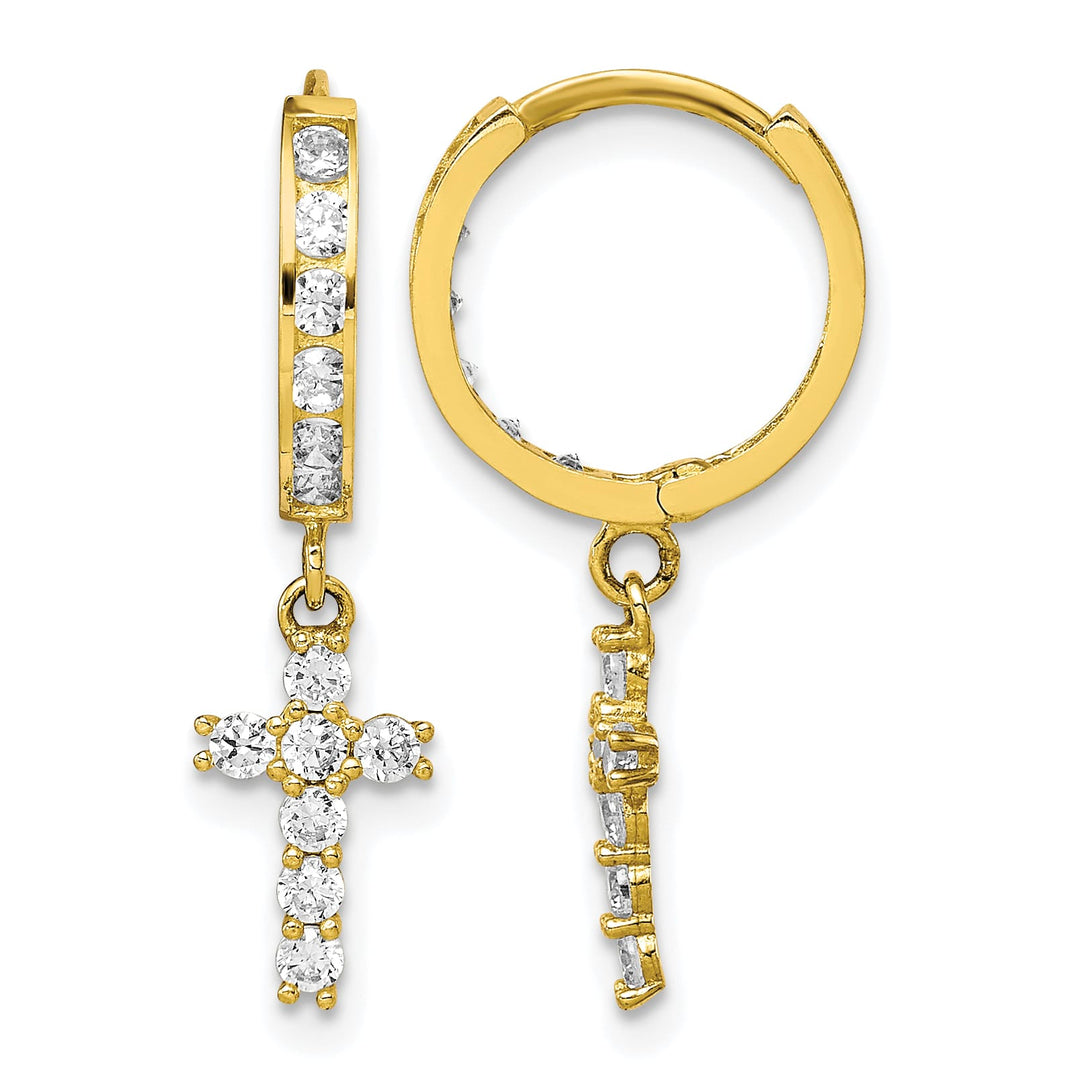 10k Yellow Gold CZ Cross Dangle Hinged Hoop Earrings