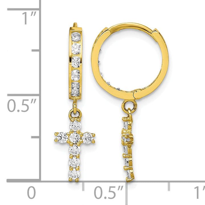 10k Yellow Gold CZ Cross Dangle Hinged Hoop Earrings